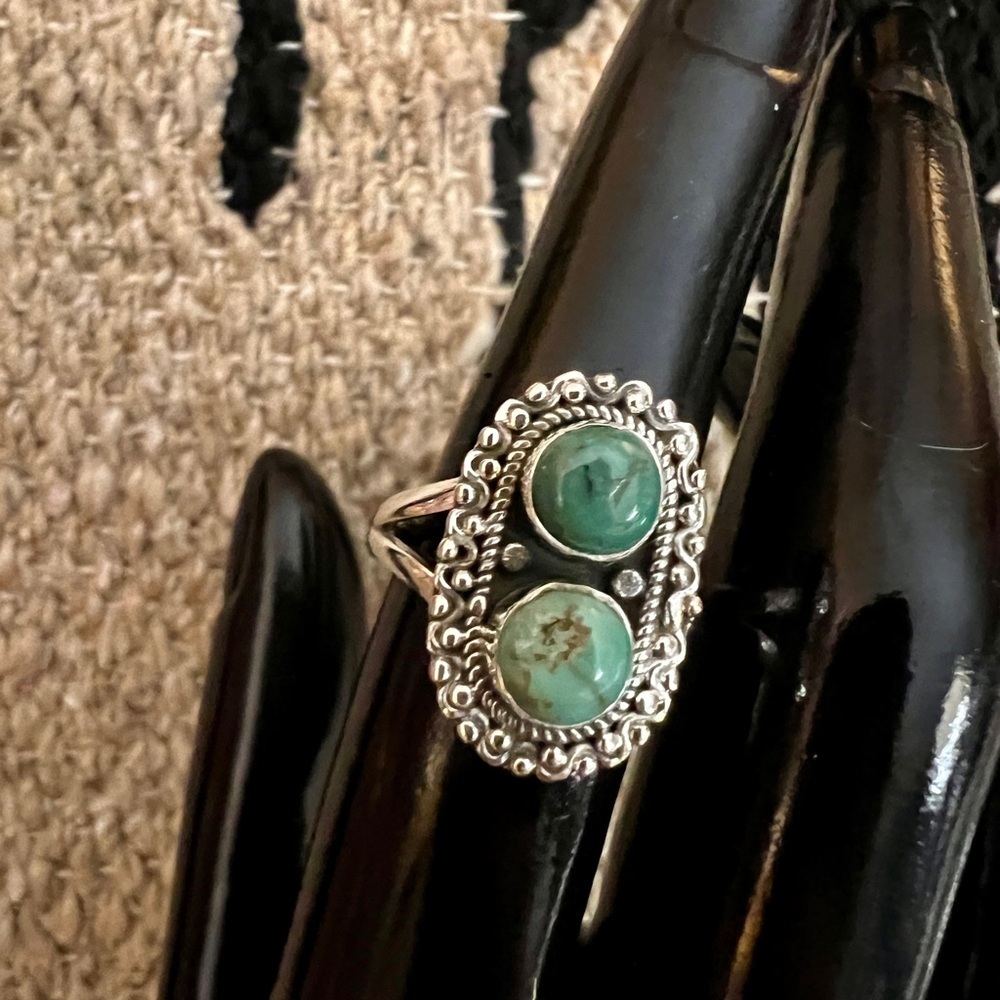 ❤️ Kingman Turquoise 2 Stone 925 Sterling Decorative Sz 6.75 Navajo Ring 3.8 Gm - Picture 4 of 17